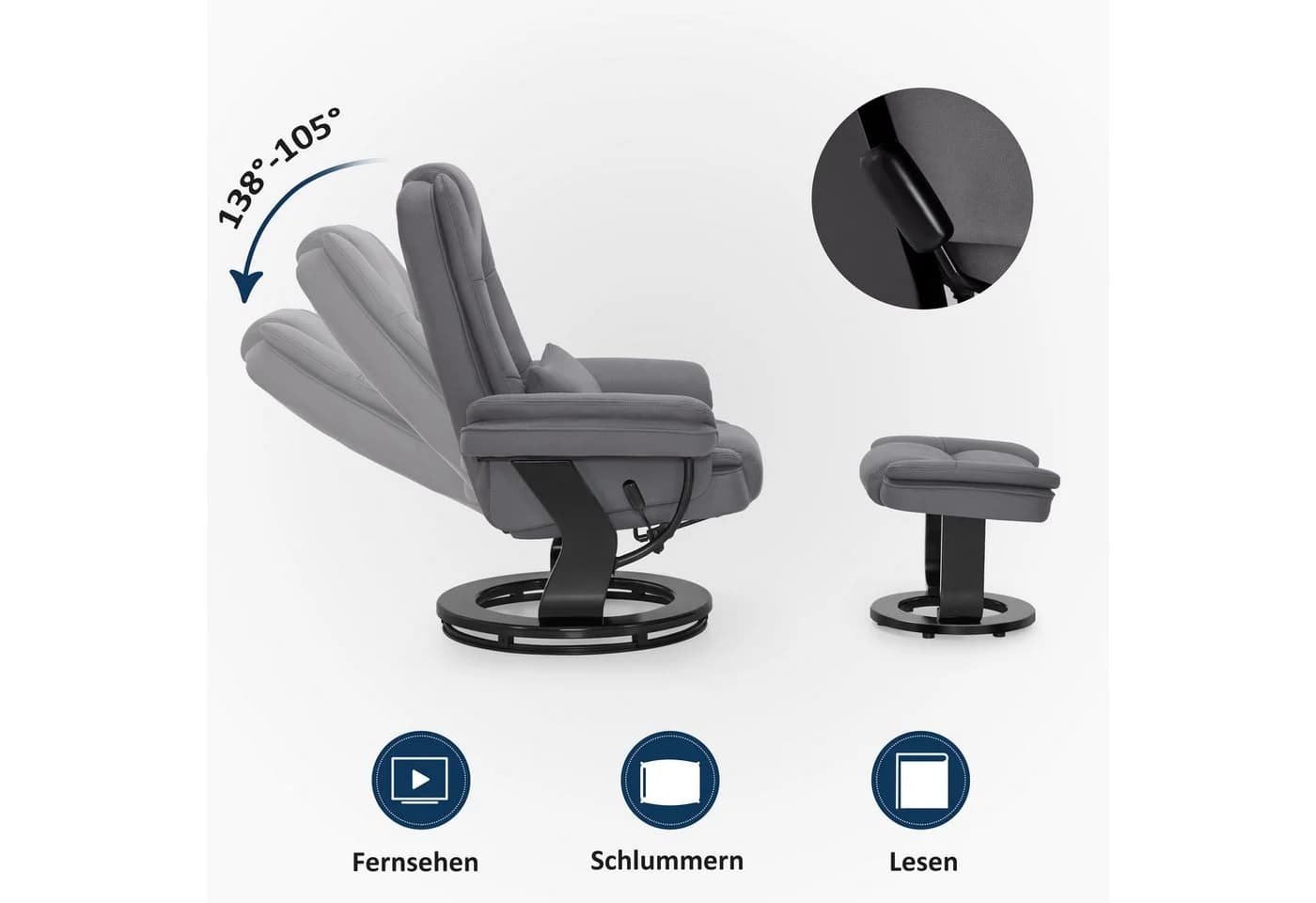 MCombo Relaxsessel 9099 Grau 360° Drehbar mit Hocker Relaxfunktion - Bild 4