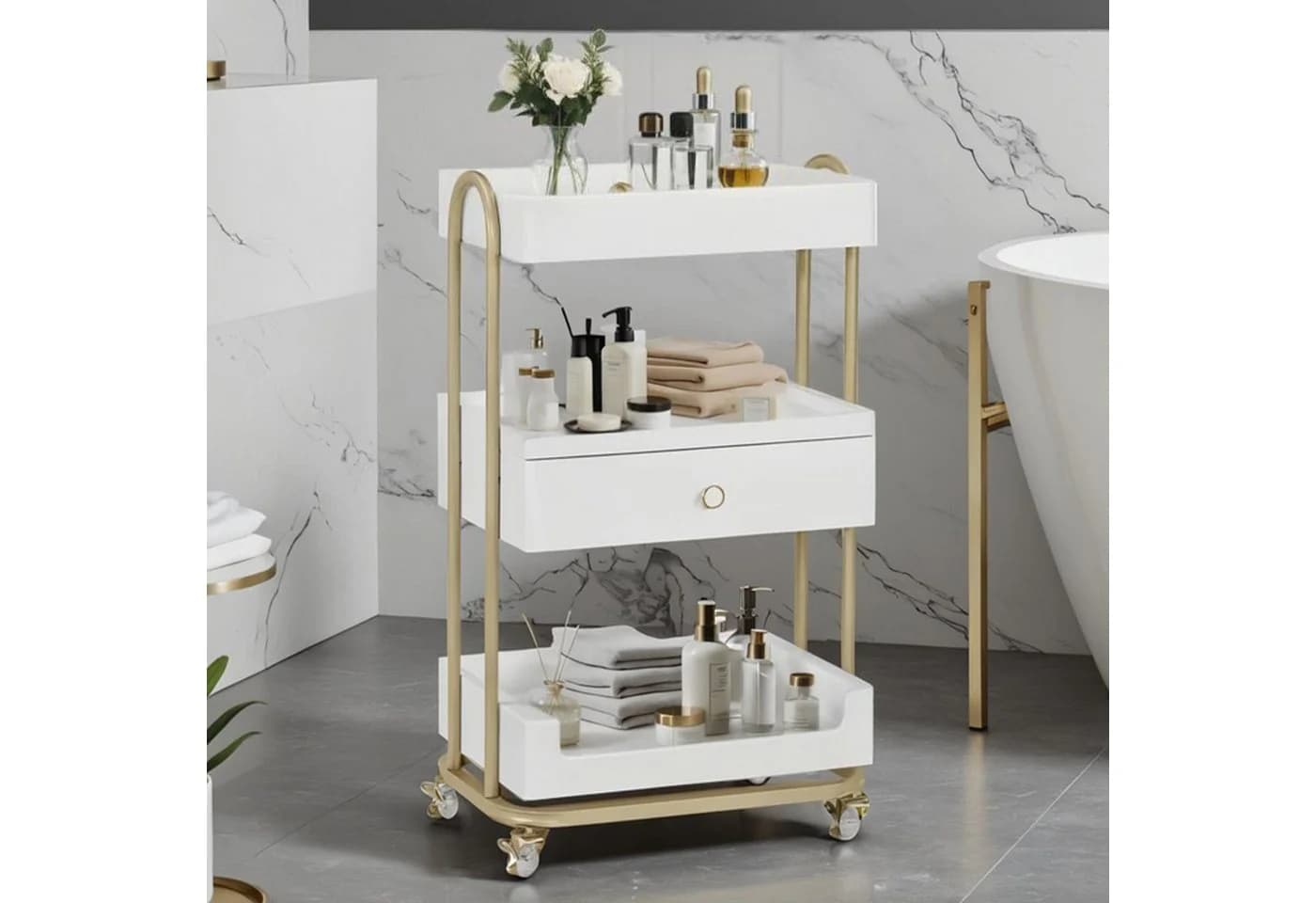 Barberpub Rollwagen Weiß-Gold mit 3 Ablagen & Schublade