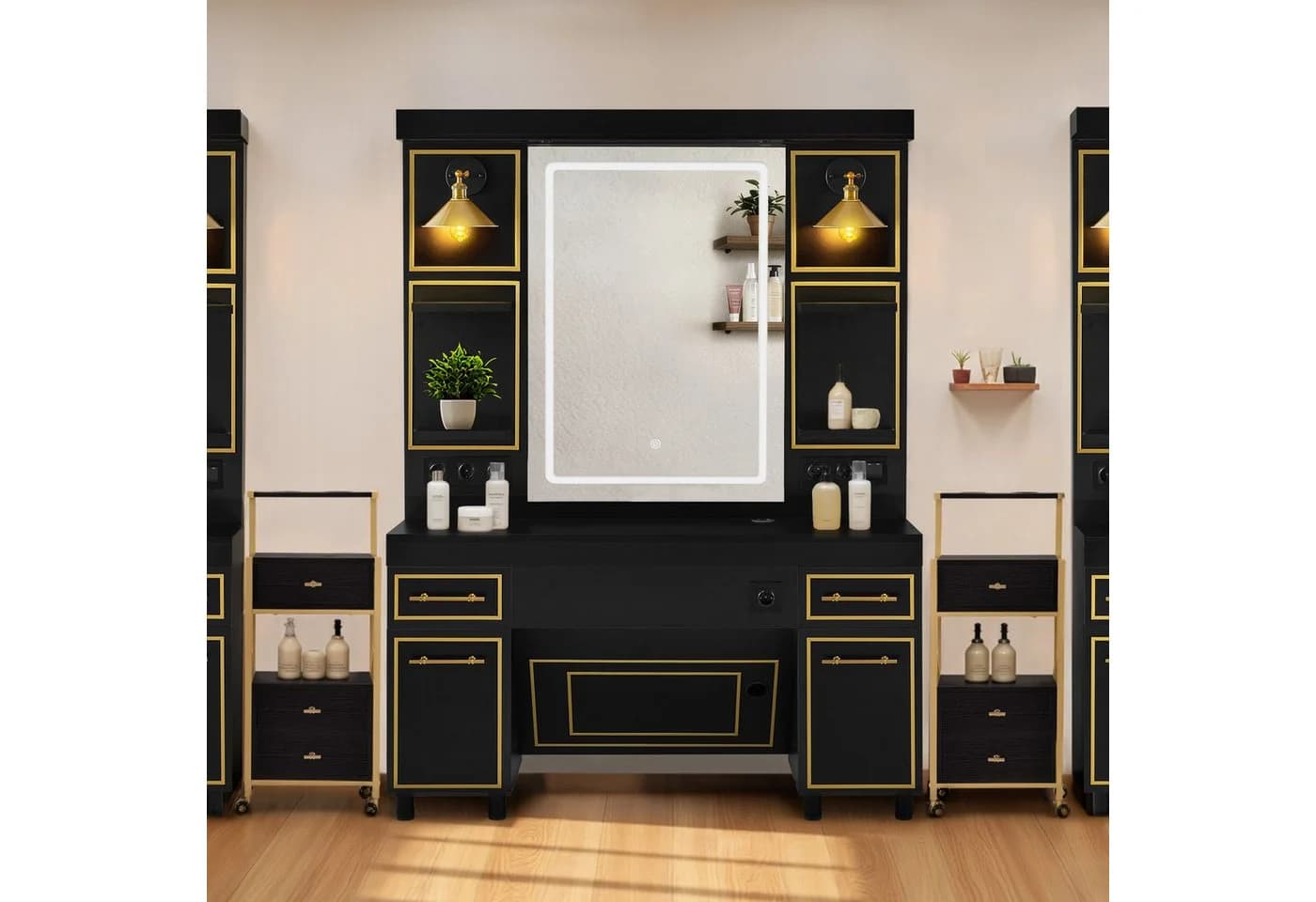 Barberpub Friseurspiegelschrank Schwarz-Gold mit LED-Lichtleiste