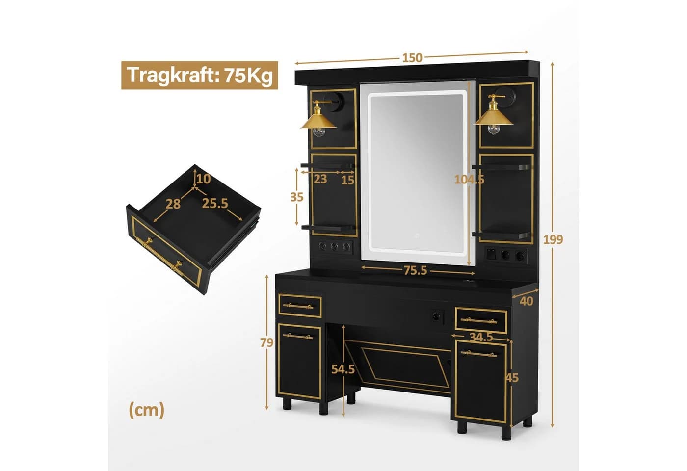 Barberpub Friseurspiegelschrank Schwarz-Gold mit LED-Lichtleiste - Bild 3