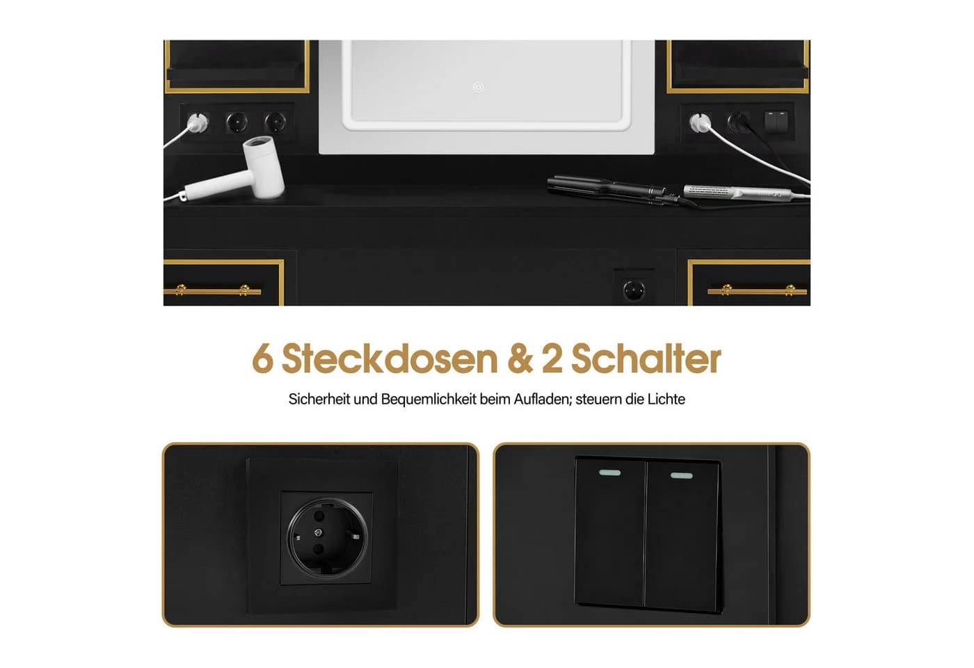Barberpub Friseurspiegelschrank Schwarz-Gold mit LED-Lichtleiste - Bild 5
