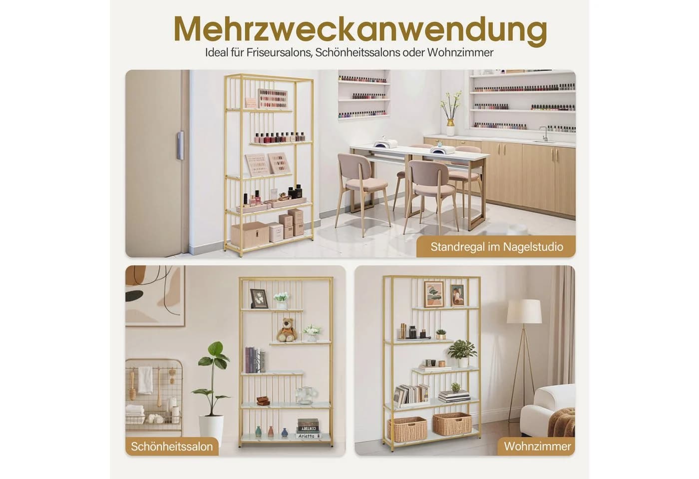 BarberPub Bücherregal Standregal 5 Ebenen Weiß-Gold - Bild 5