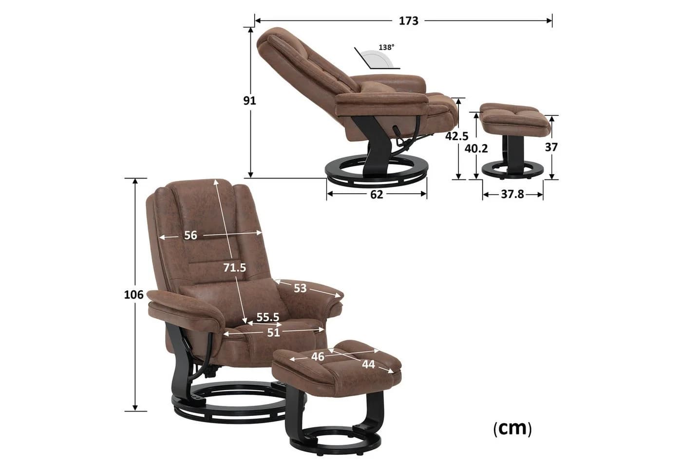 MCombo Relaxsessel 360° Drehbar mit Hocker Braun Mikrofaser - Bild 3