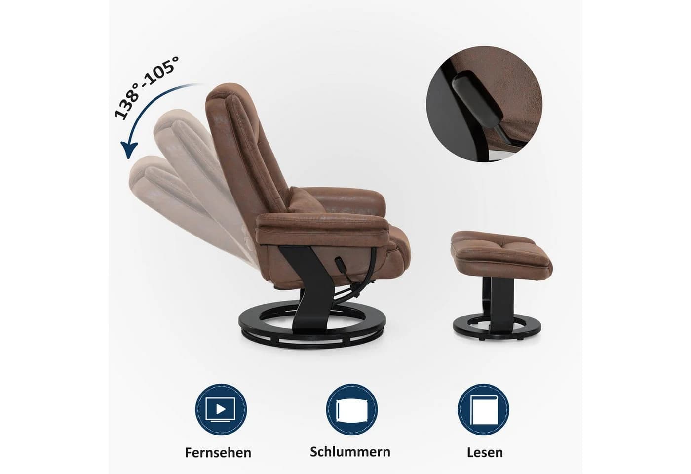 MCombo Relaxsessel 360° Drehbar mit Hocker Braun Mikrofaser - Bild 4