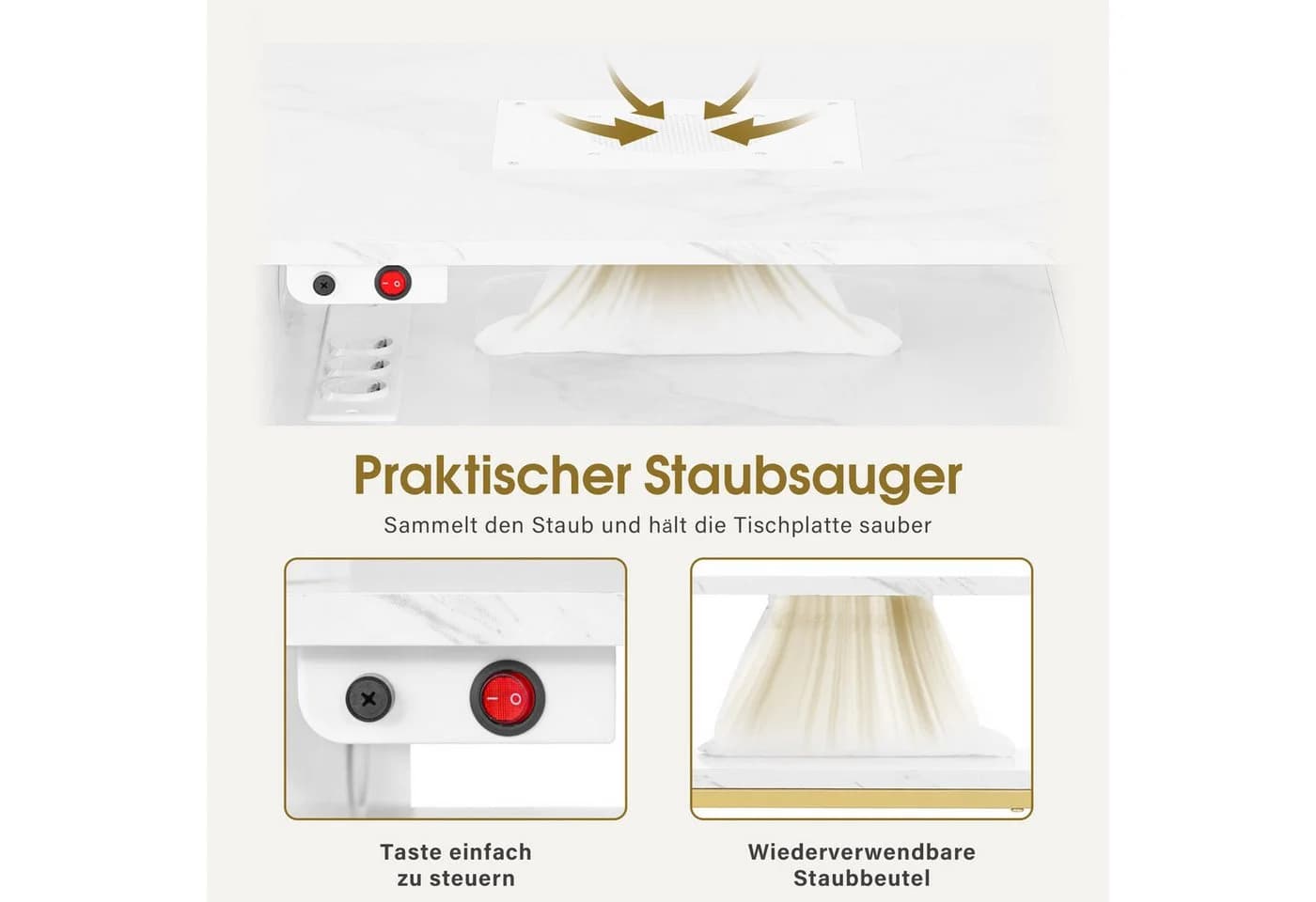 Barberpub Maniküretisch mit Absaugung, Weiß-Gold, 3 Schubladen, 2 Ablagen - Bild 4