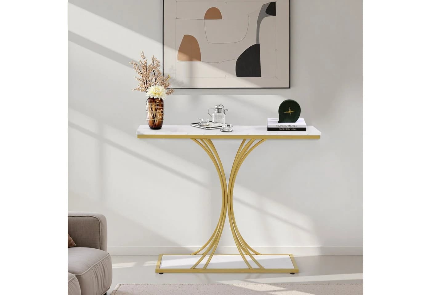 Barberpub Konsolentisch Schmal Weiß-Gold 2 Ebenen Modern