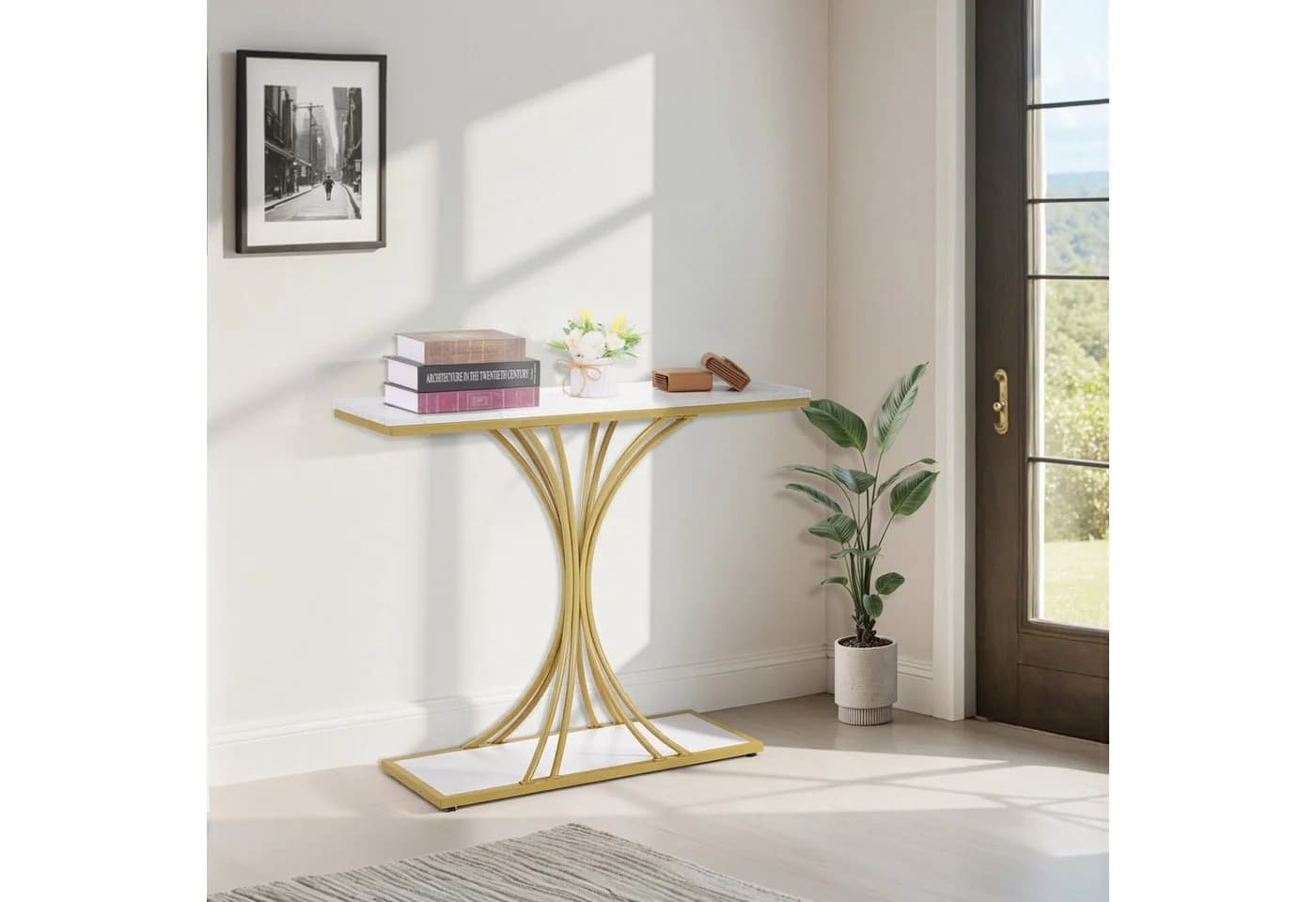 Barberpub Konsolentisch Schmal Weiß-Gold 2 Ebenen Modern - Bild 5