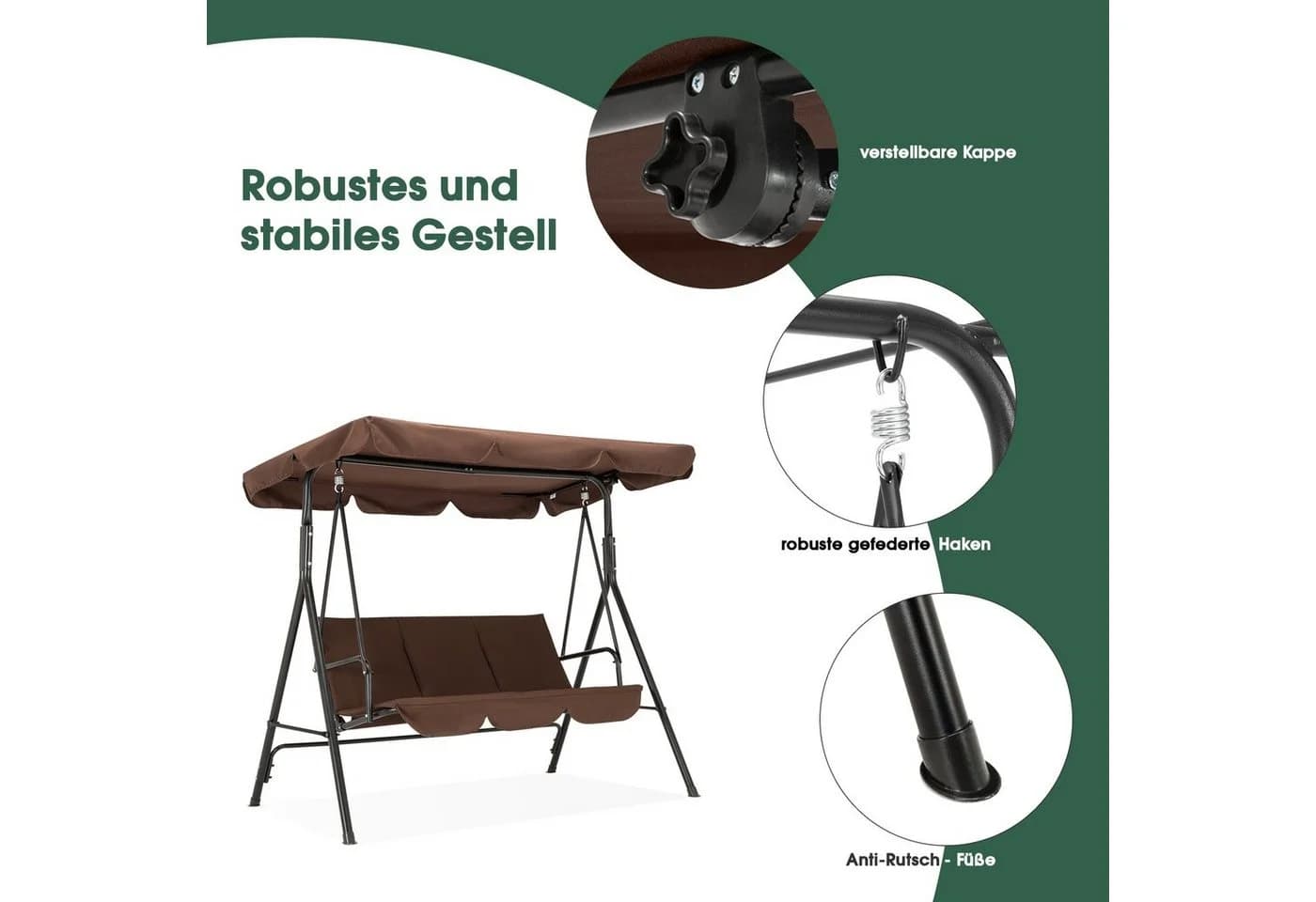 MCombo Hollywoodschaukel 3-Sitzer mit Sonnendach Braun - Bild 3
