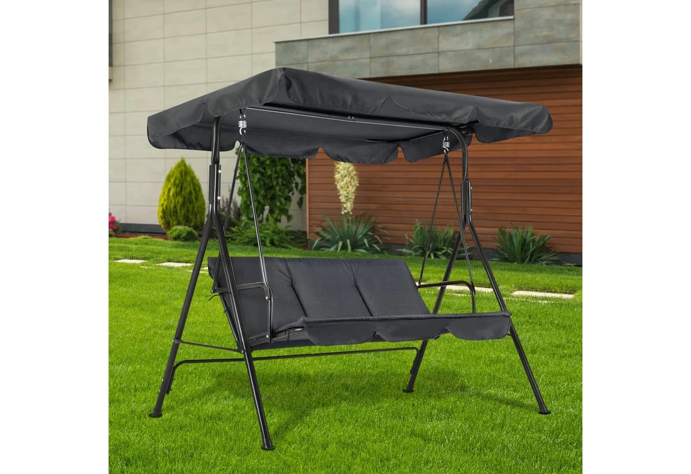 MCombo Hollywoodschaukel 3-Sitzer Grau Schwarz Braun mit Sonnendach