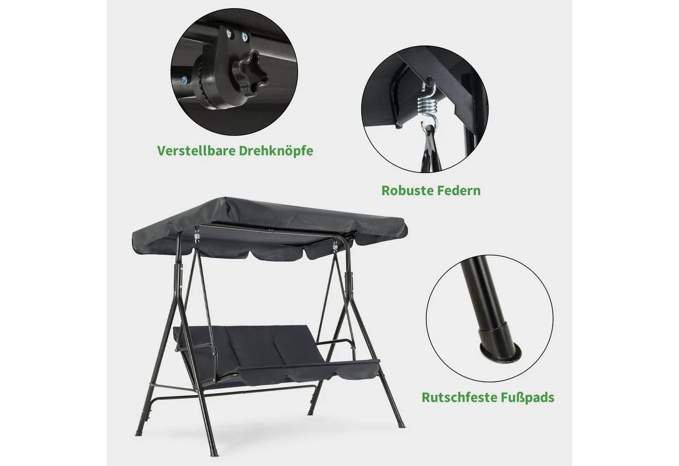 MCombo Hollywoodschaukel 3-Sitzer Grau Schwarz Braun mit Sonnendach - Bild 4