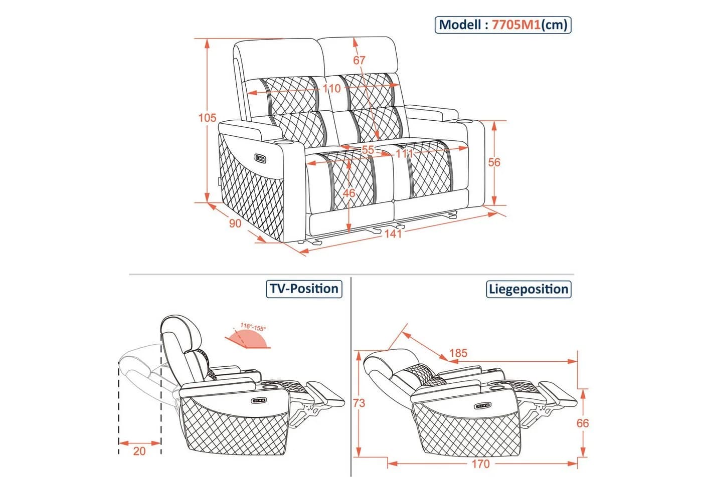 MCombo 1-Sitzer/2-Sitzer Sofa Schwarz Verstellbare Kopfstützen - Bild 3