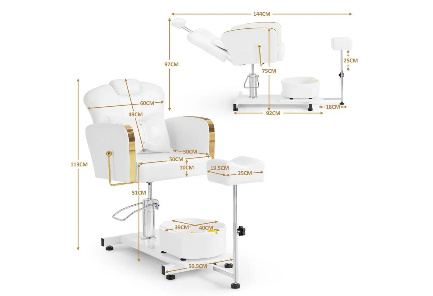 Barberpub Pediküre Stuhl mit Fußbadewanne Gold-Weiß