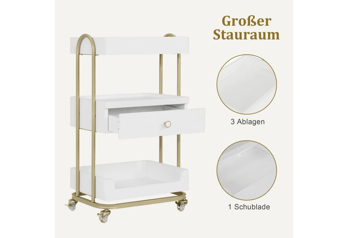 Barberpub Servierwagen Weiß-Gold mit Schublade & Rollen - Bild 4