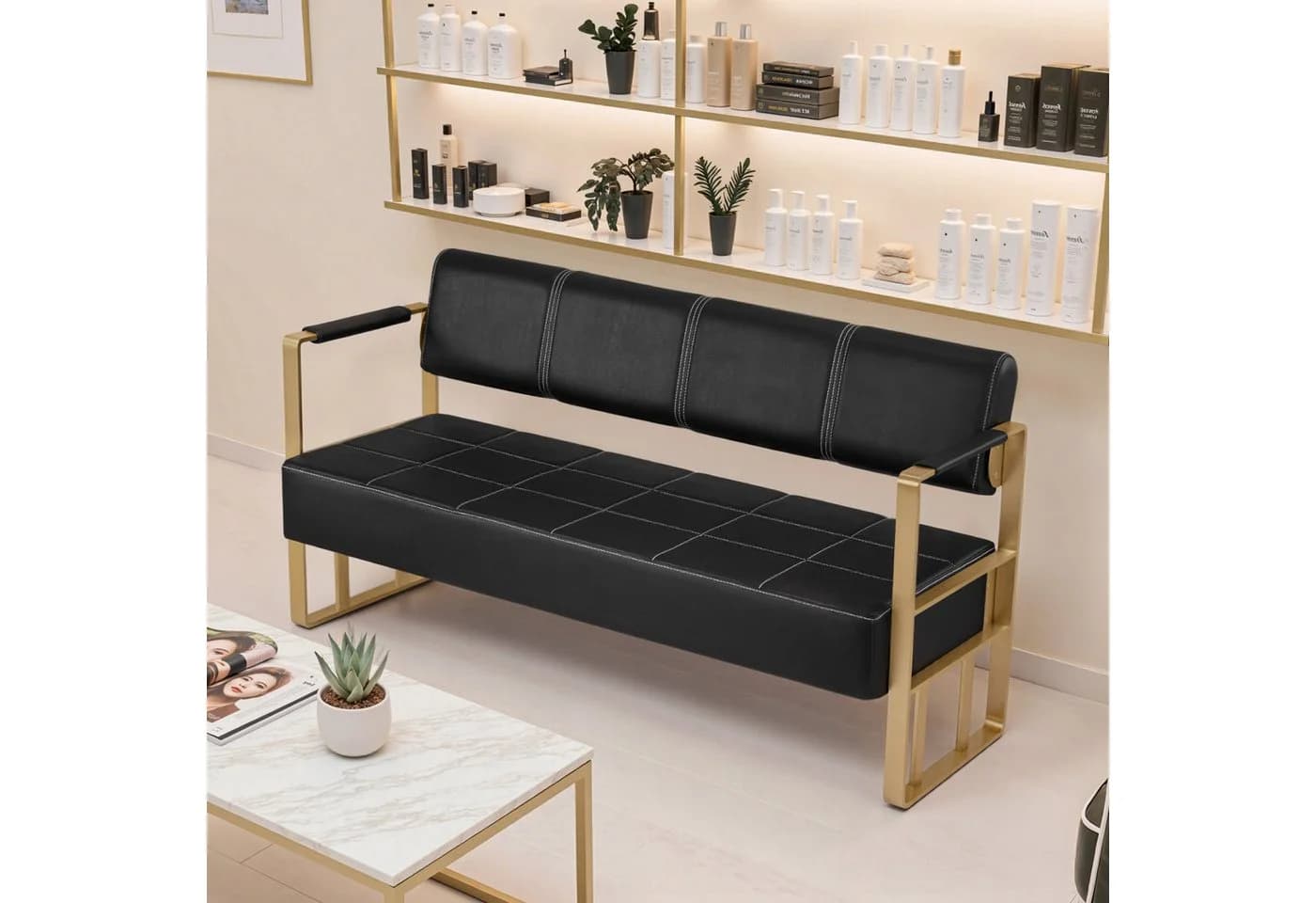 Barberpub Sitzbank 3-Sitzer Schwarz-Gold Kunstleder