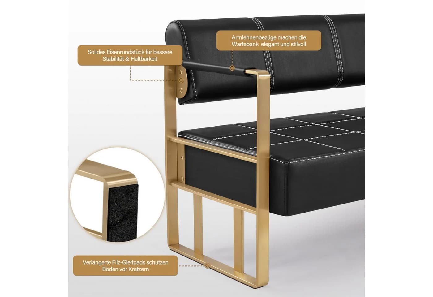 Barberpub Sitzbank 3-Sitzer Schwarz-Gold Kunstleder - Bild 4