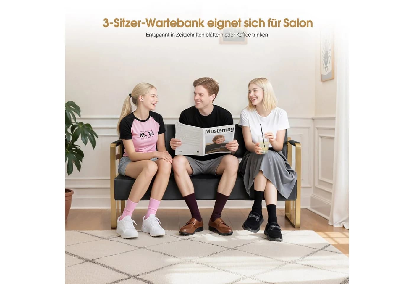 Barberpub Sitzbank 3-Sitzer Schwarz-Gold Kunstleder - Bild 5