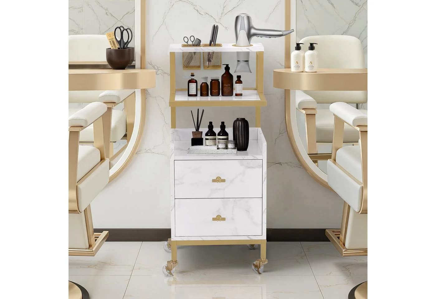 Barberpub Servierwagen Friseurwagen mit Rollen, 2 Schubladen, 2 Ablagen & Föhnhalter MDF
