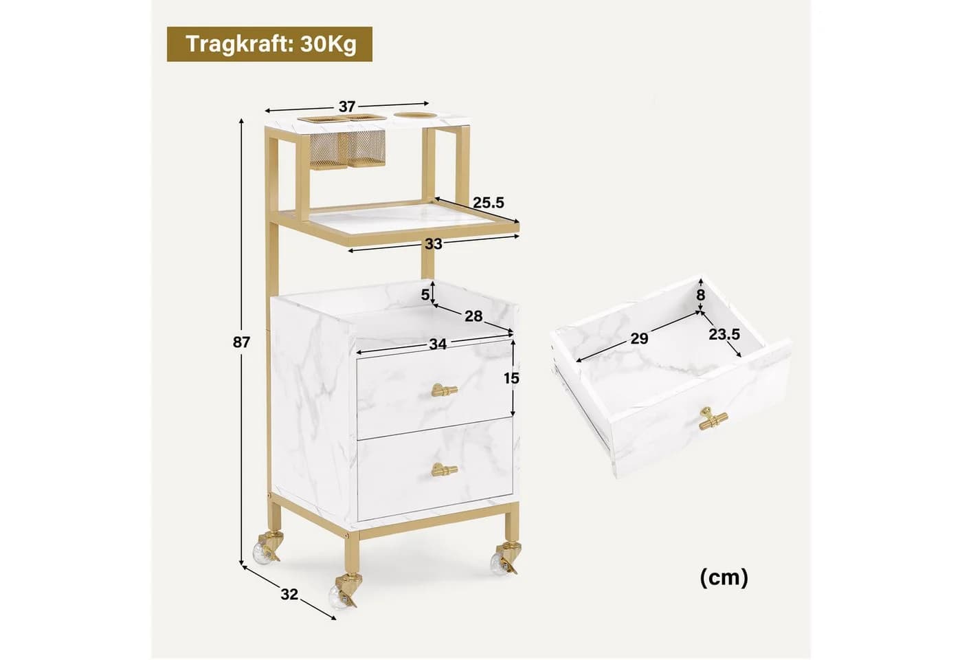 Barberpub Servierwagen Friseurwagen mit Rollen, 2 Schubladen, 2 Ablagen & Föhnhalter MDF - Bild 3