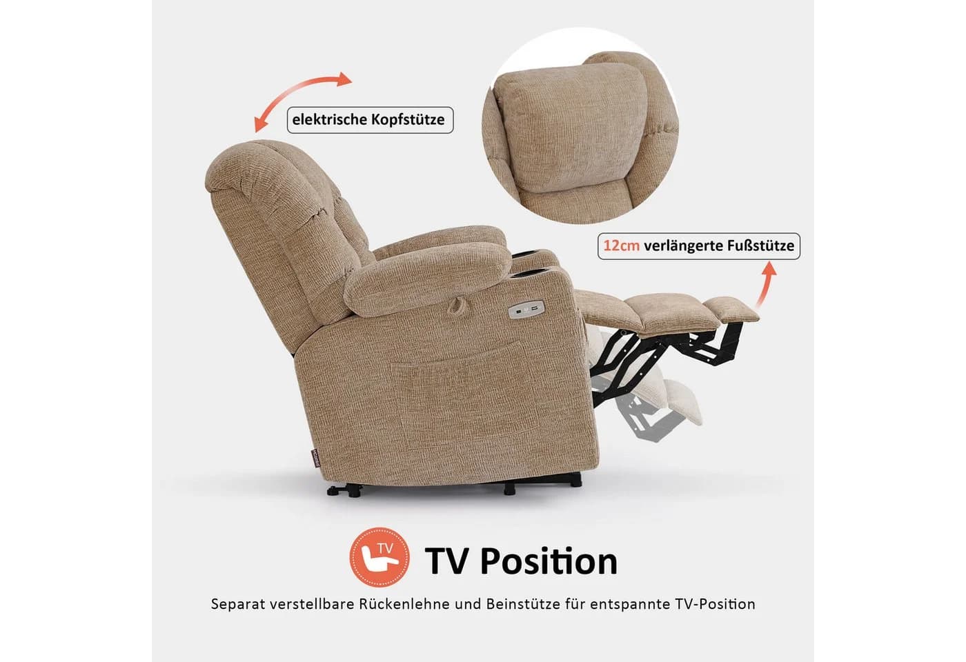 MCombo Relaxsessel 7550 Elektrische Aufstehhilfe Beige - Bild 4