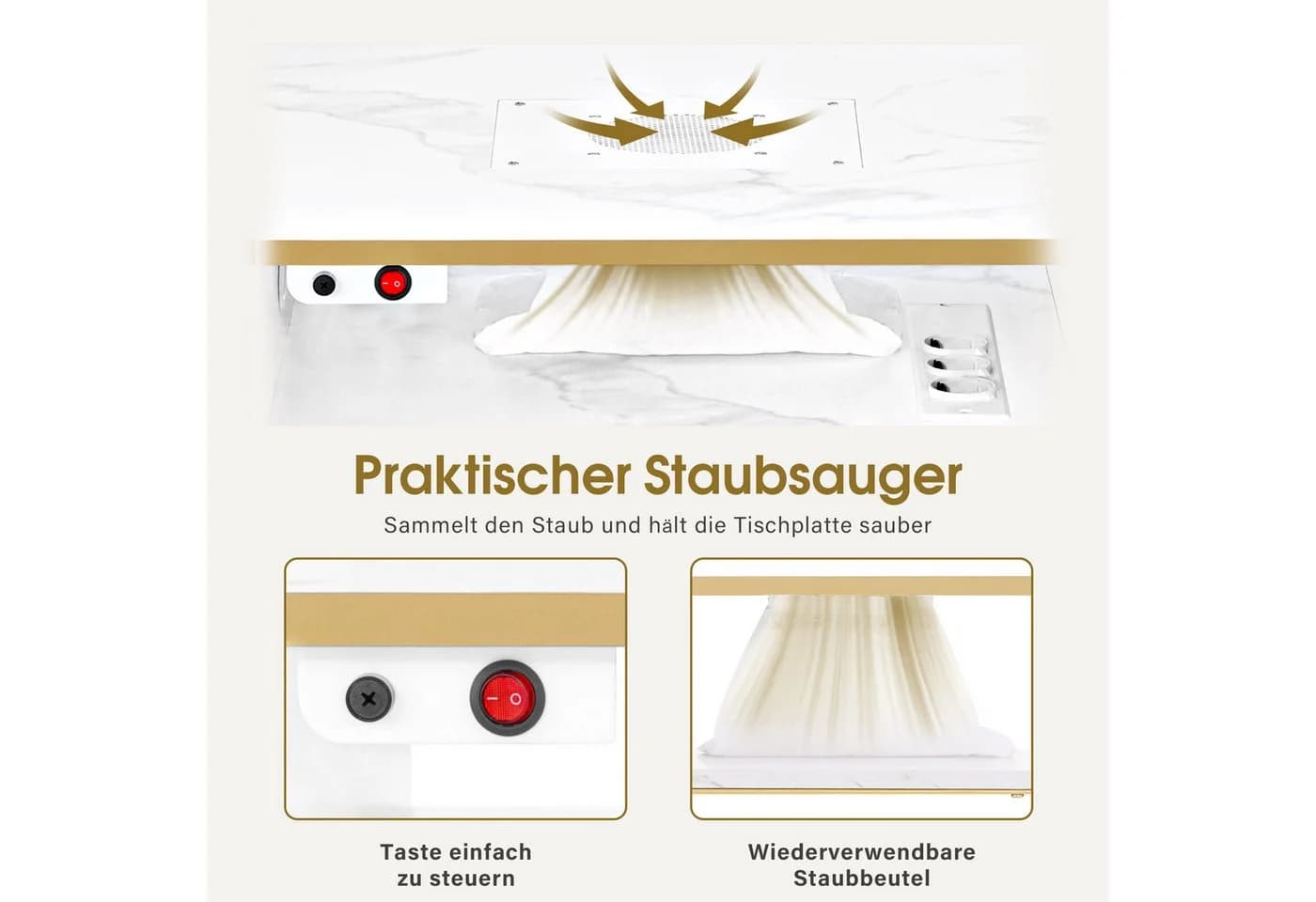 Barberpub Maniküretisch mit Absaugung, Weiß-Gold, 4 Schubladen, 1 Regal & 5 Ablagen - Bild 4