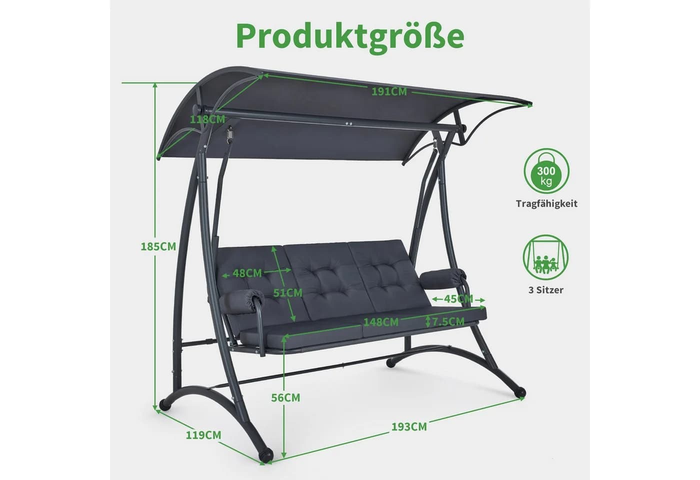 MCombo Hollywoodschaukel 3-Sitzer Grau mit Liegefunktion - Bild 3