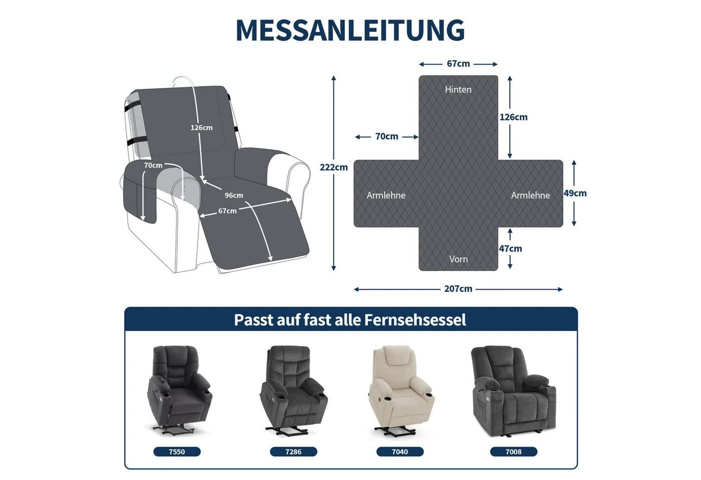 MCombo Sesselschoner für Relaxsessel C1833, Wasserdicht & Anti-Rutsch, mit Armlehne & Taschen