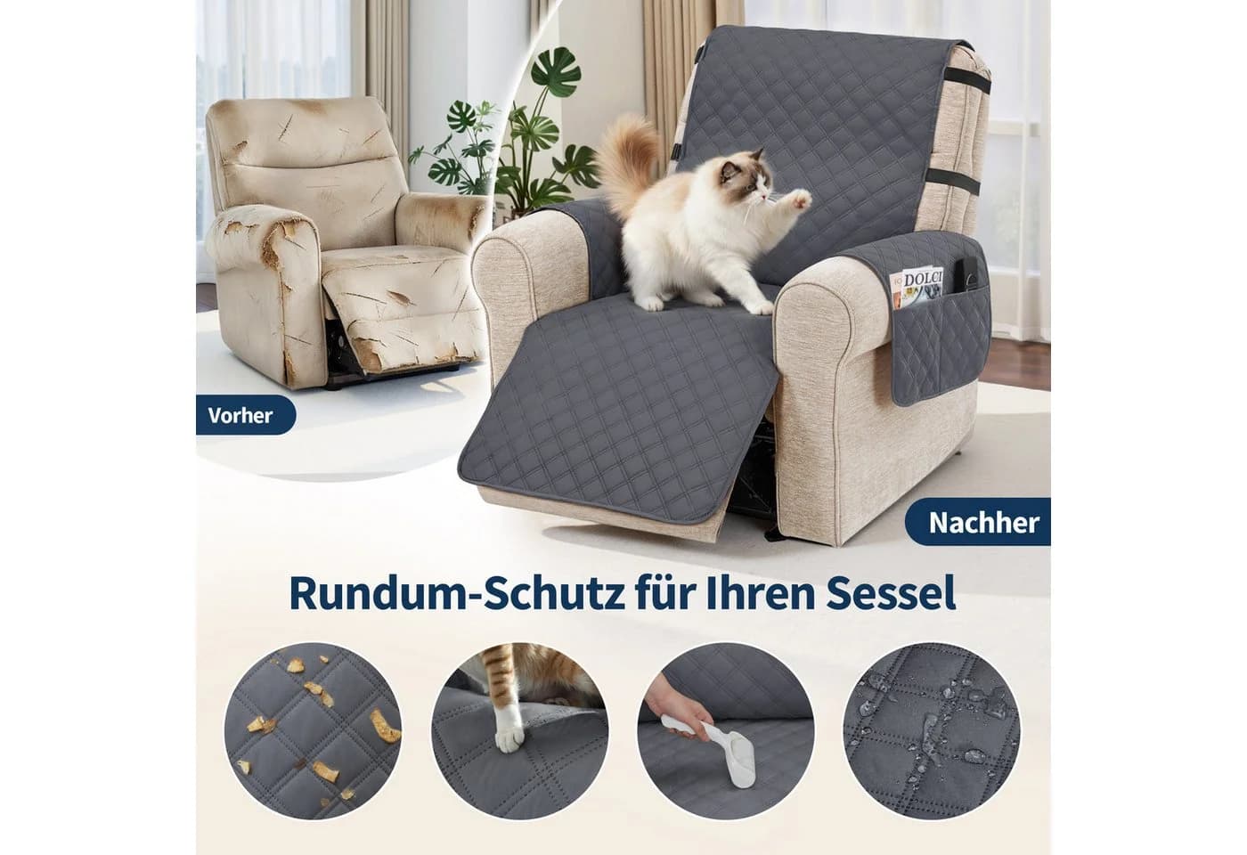 MCombo Sesselschoner für Relaxsessel C1833, Wasserdicht & Anti-Rutsch, mit Armlehne & Taschen - Bild 3