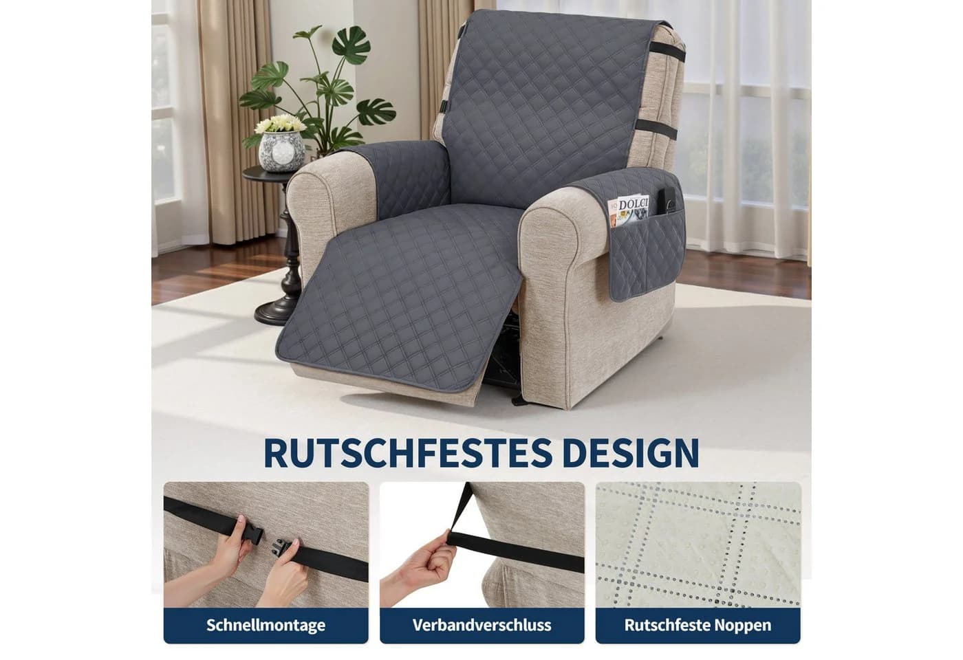 MCombo Sesselschoner für Relaxsessel C1833, Wasserdicht & Anti-Rutsch, mit Armlehne & Taschen - Bild 5