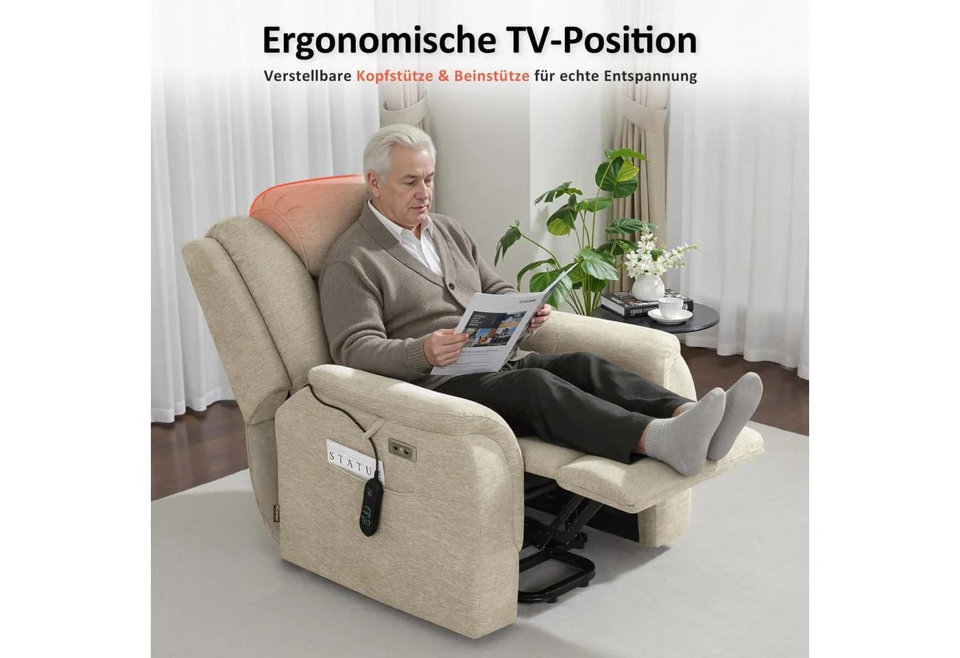 MCombo Fernsehsessel mit Aufstehhilfe, Massage & Heizung, Beige/Grau