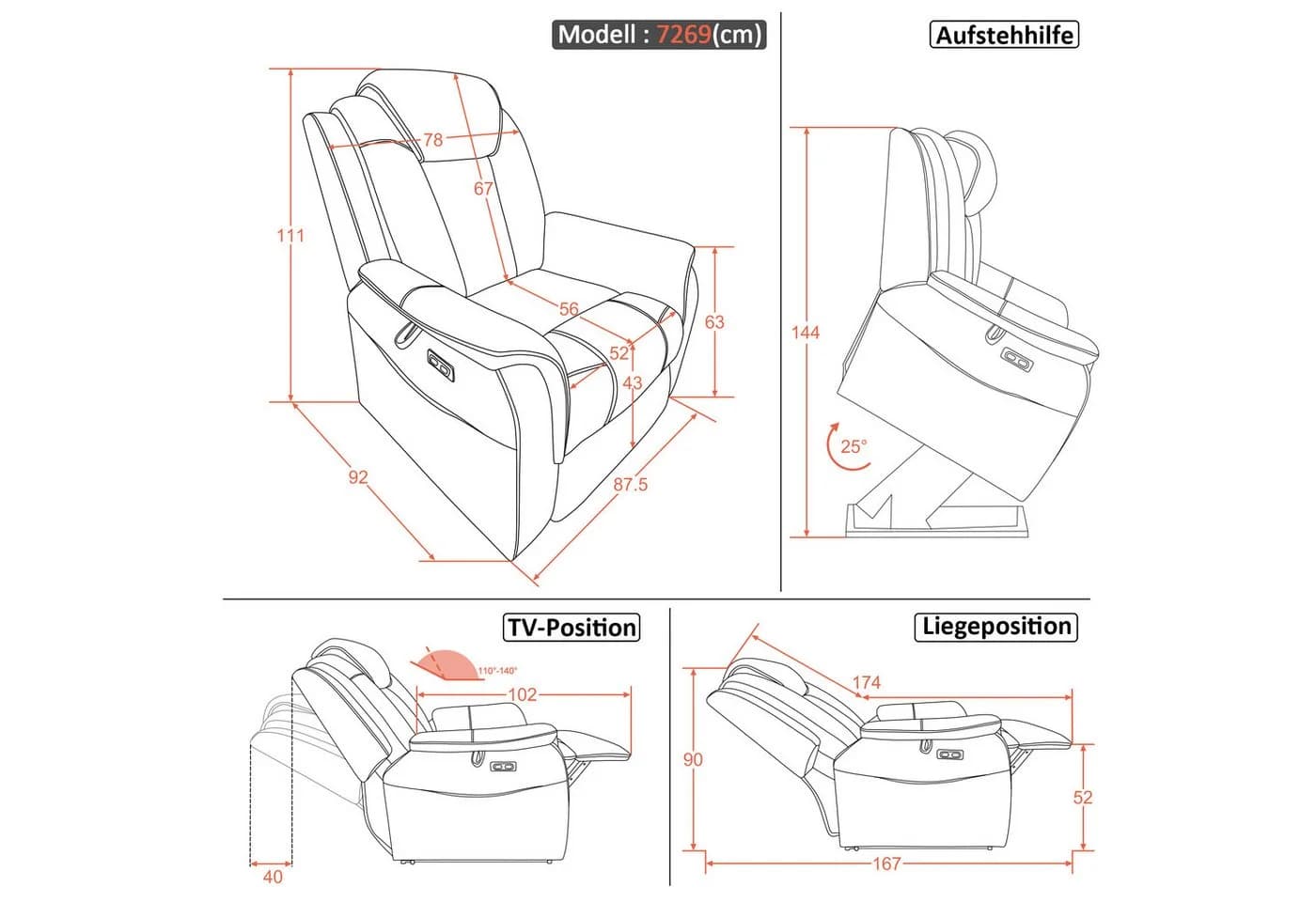 MCombo Fernsehsessel mit Aufstehhilfe, Massage & Heizung, Beige/Grau - Bild 3
