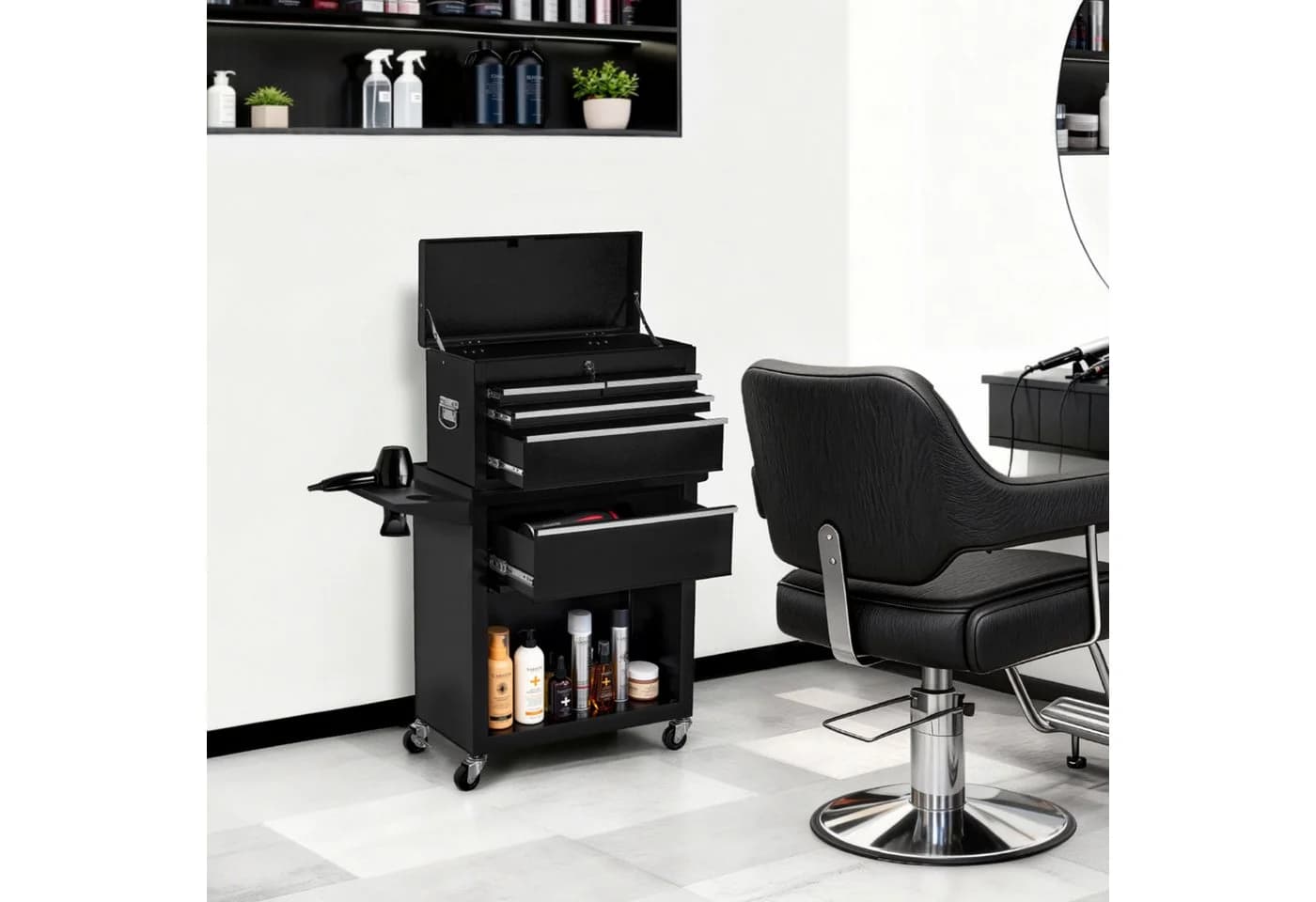 Barberpub Friseurwagen 2 in 1 mit 5 Schubladen, Rollen, abschließbar