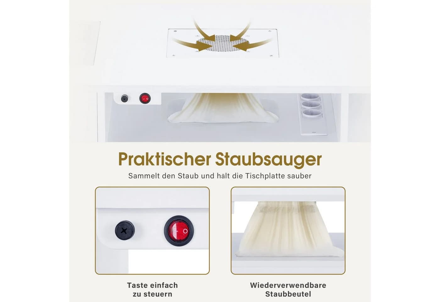 BarberPub Nageltisch mit Absaugung Weiß 4 Schubladen Glasplatte - Bild 4