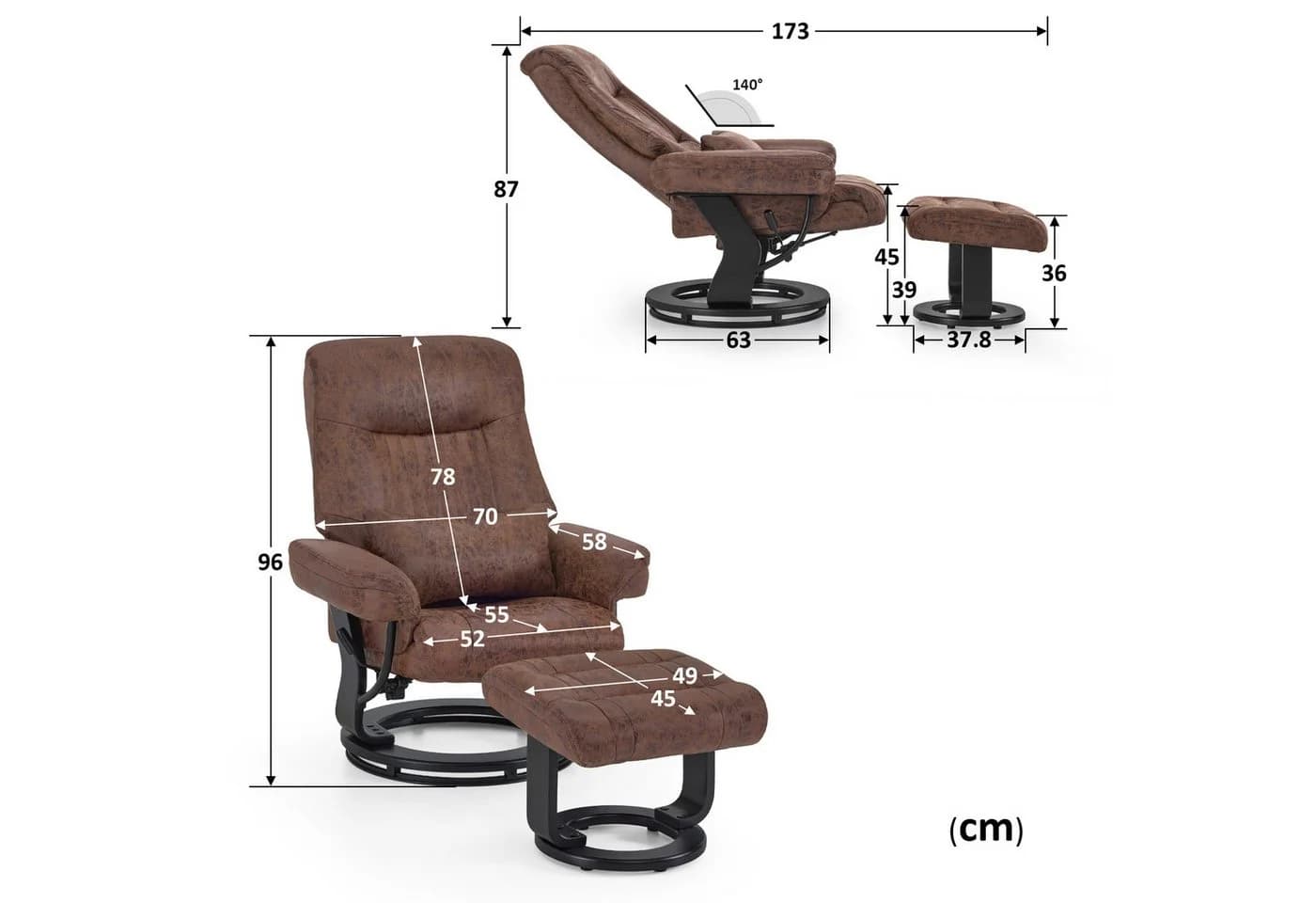 MCombo Relaxsessel M mit Liegefunktion und Hocker Schwarz/Braun - Bild 3