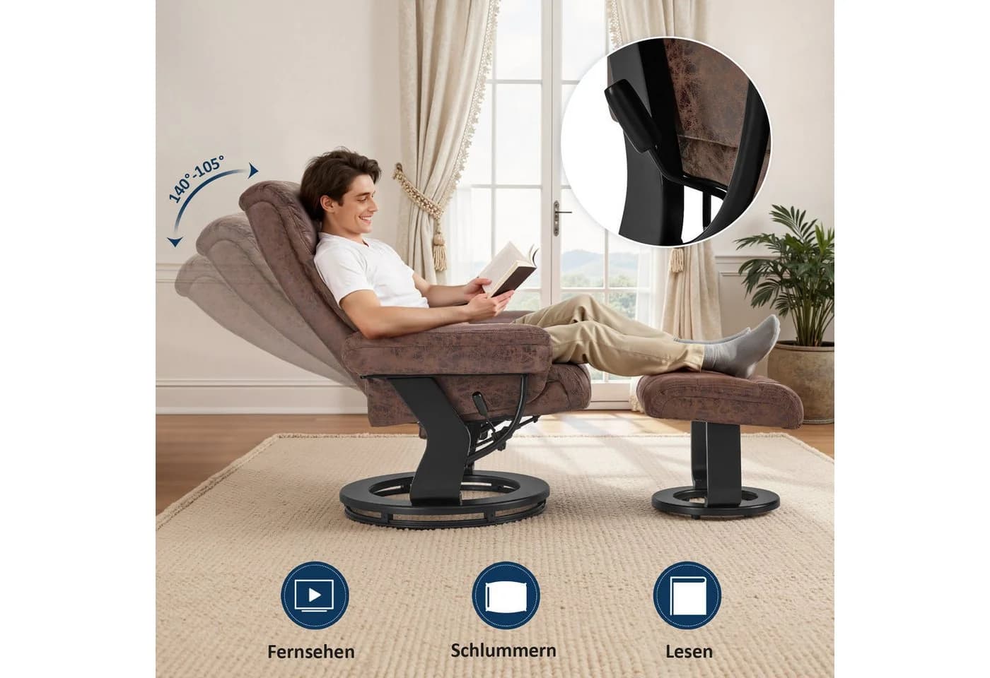 MCombo Relaxsessel M mit Liegefunktion und Hocker Schwarz/Braun - Bild 4