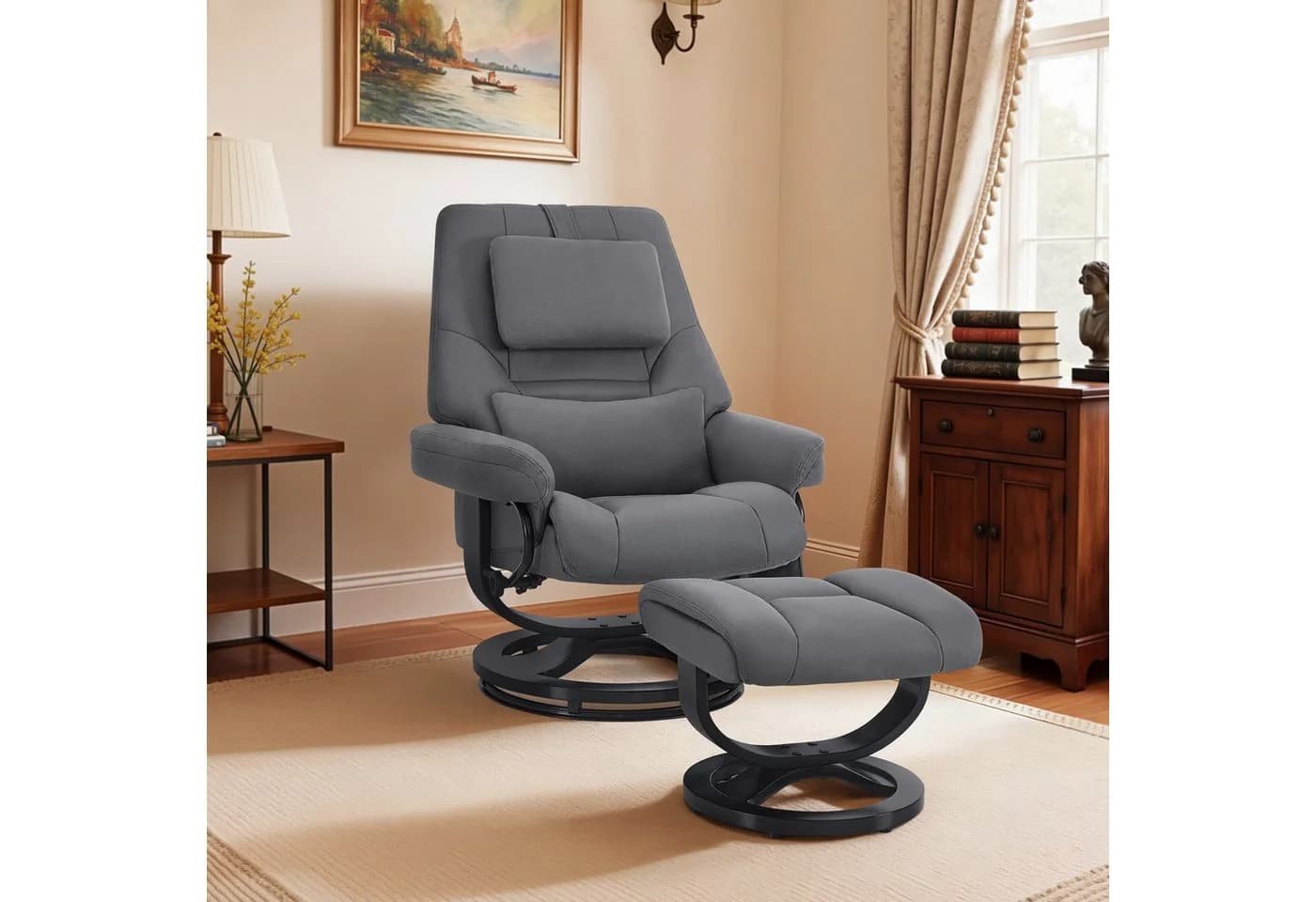 MCombo Relaxsessel 9046 Grau/Beige mit Liegefunktion & Hocker