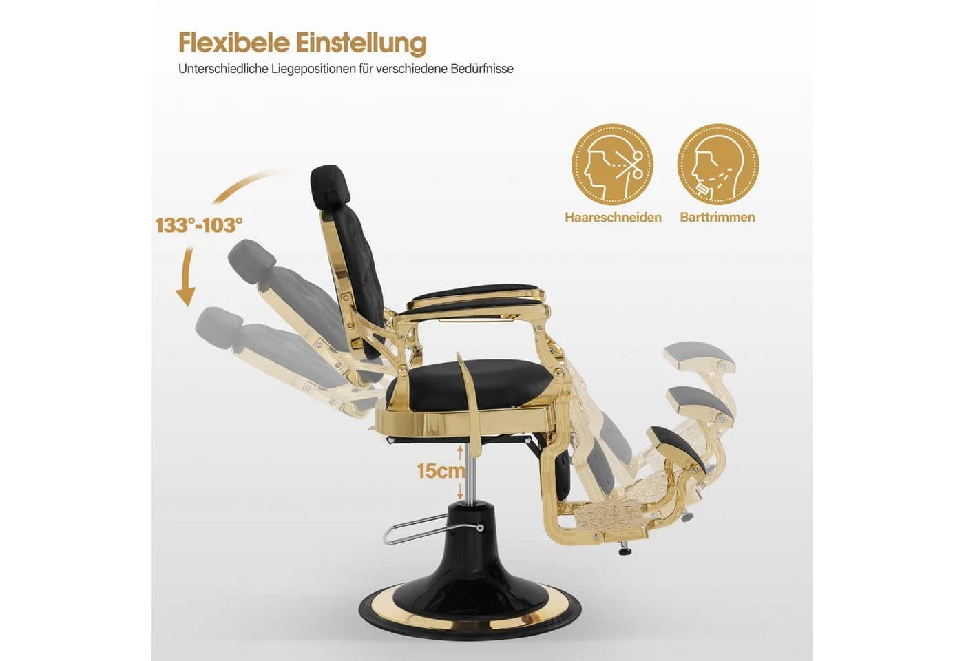 Barberpub Friseurstuhl Schwarz/Gold hydraulisch höhenverstellbar - Bild 3