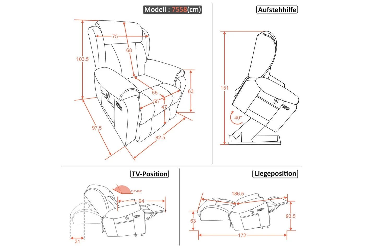MCombo 4-Motoren-Aufstehsessel 7558 mit Massage & Heizung Beigebraun - Bild 3