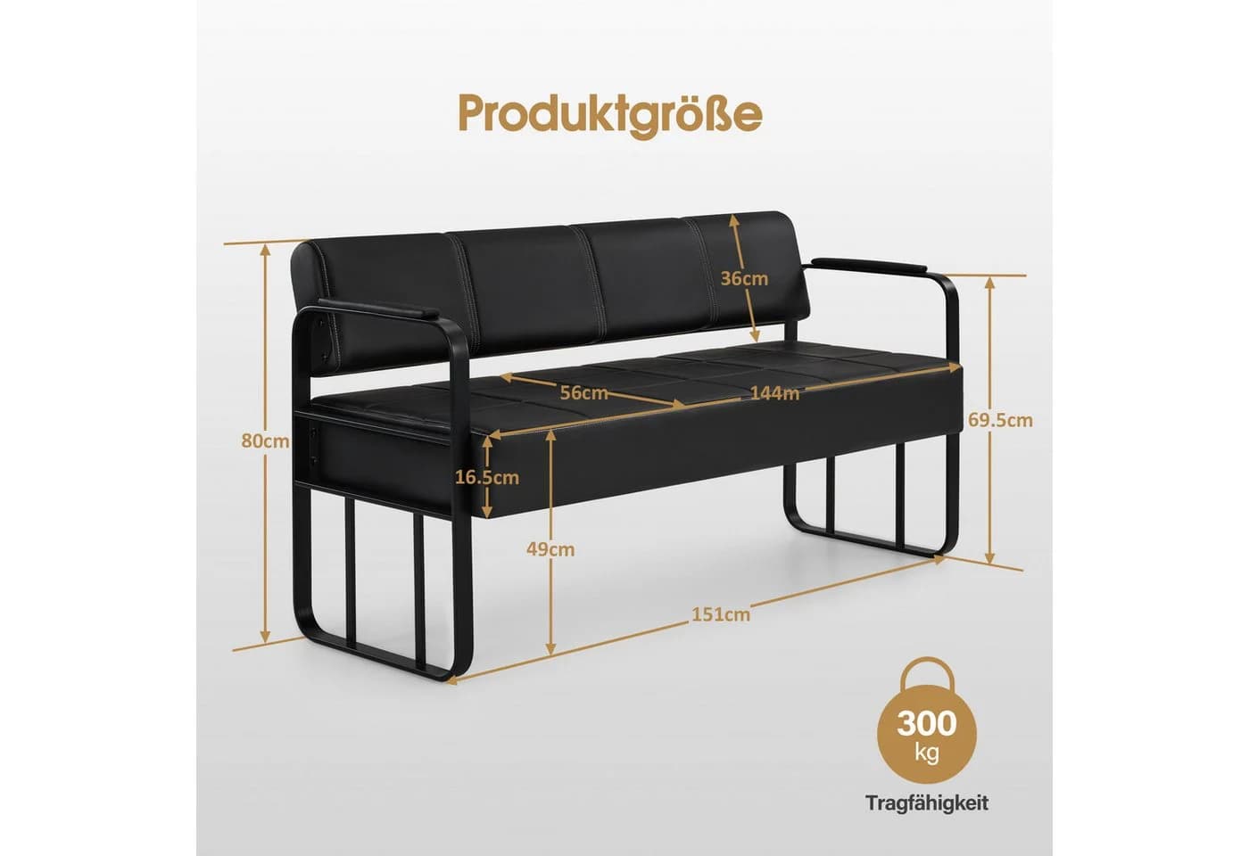 Barberpub Sitzbank 3-Sitzer Schwarz-Gold Kunstleder - Bild 3