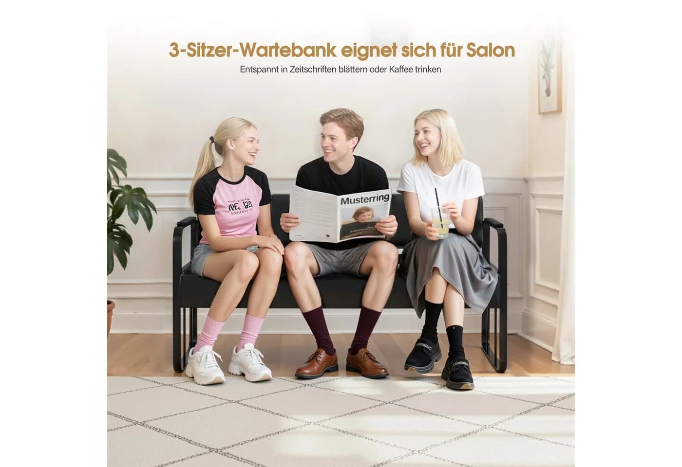 Barberpub Sitzbank 3-Sitzer Schwarz-Gold Kunstleder - Bild 5