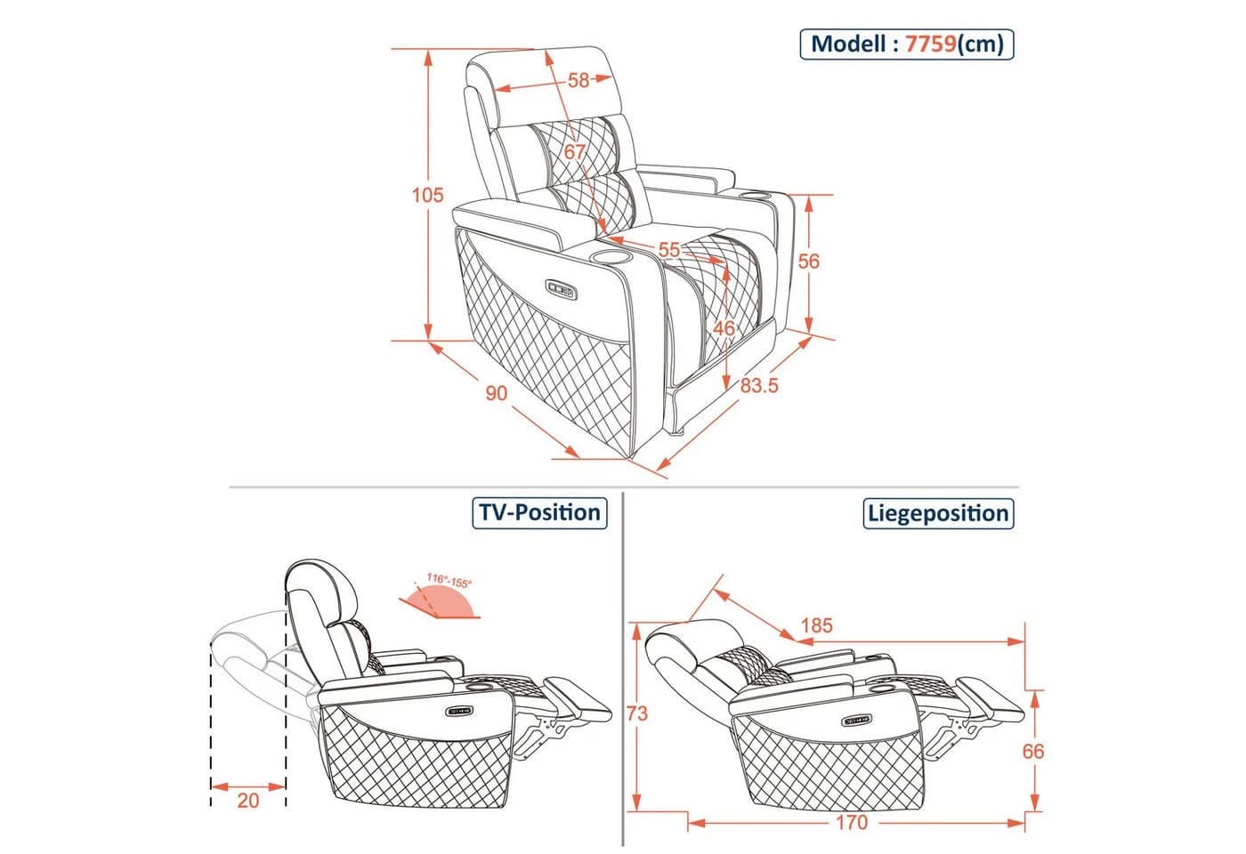 MCombo Sofa 1/2/3-Sitzer Schwarz Kunstleder mit verstellbaren Kopfstützen - Bild 3