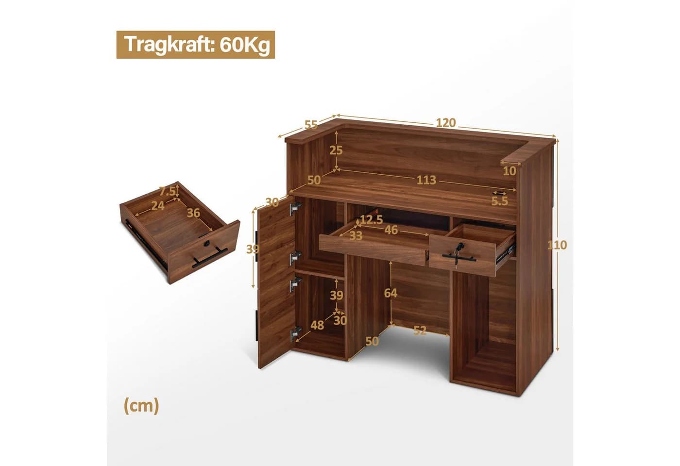 BarberPub Empfangstheke R9760 mit Schubladen und Ablage Braun - Bild 3