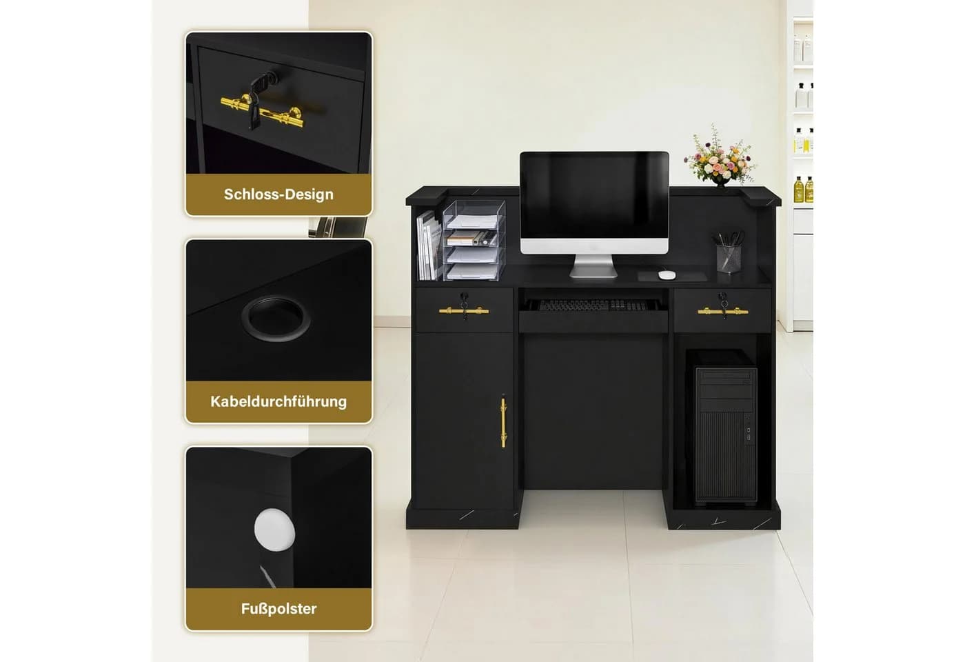 Barberpub Empfangstheke Schwarz-Gold mit 2 Schubladen - Bild 5