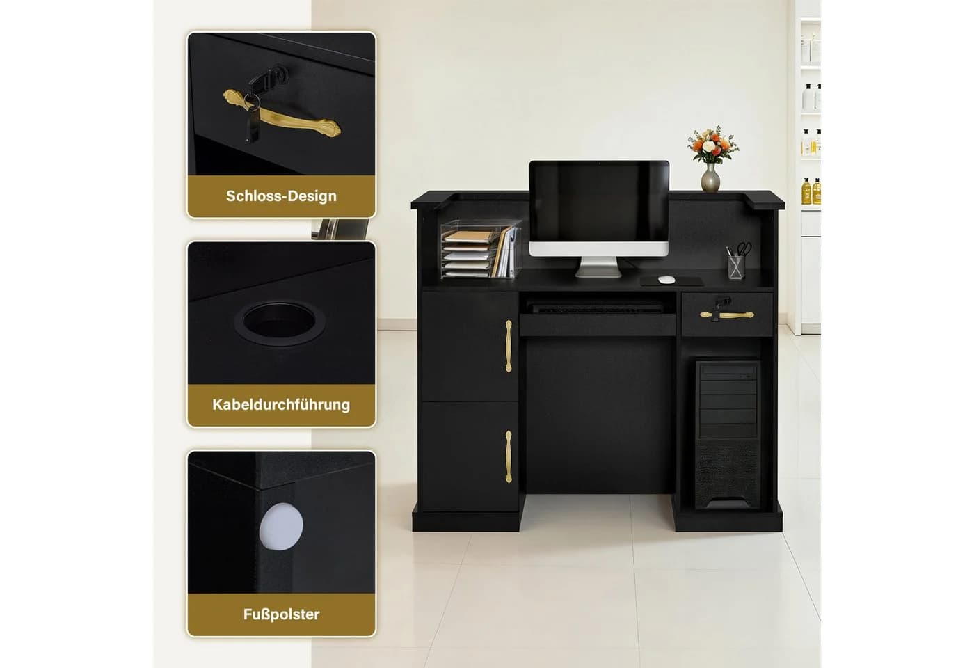 Barberpub Empfangstheke Schwarz-Gold mit Schubladen - Bild 5