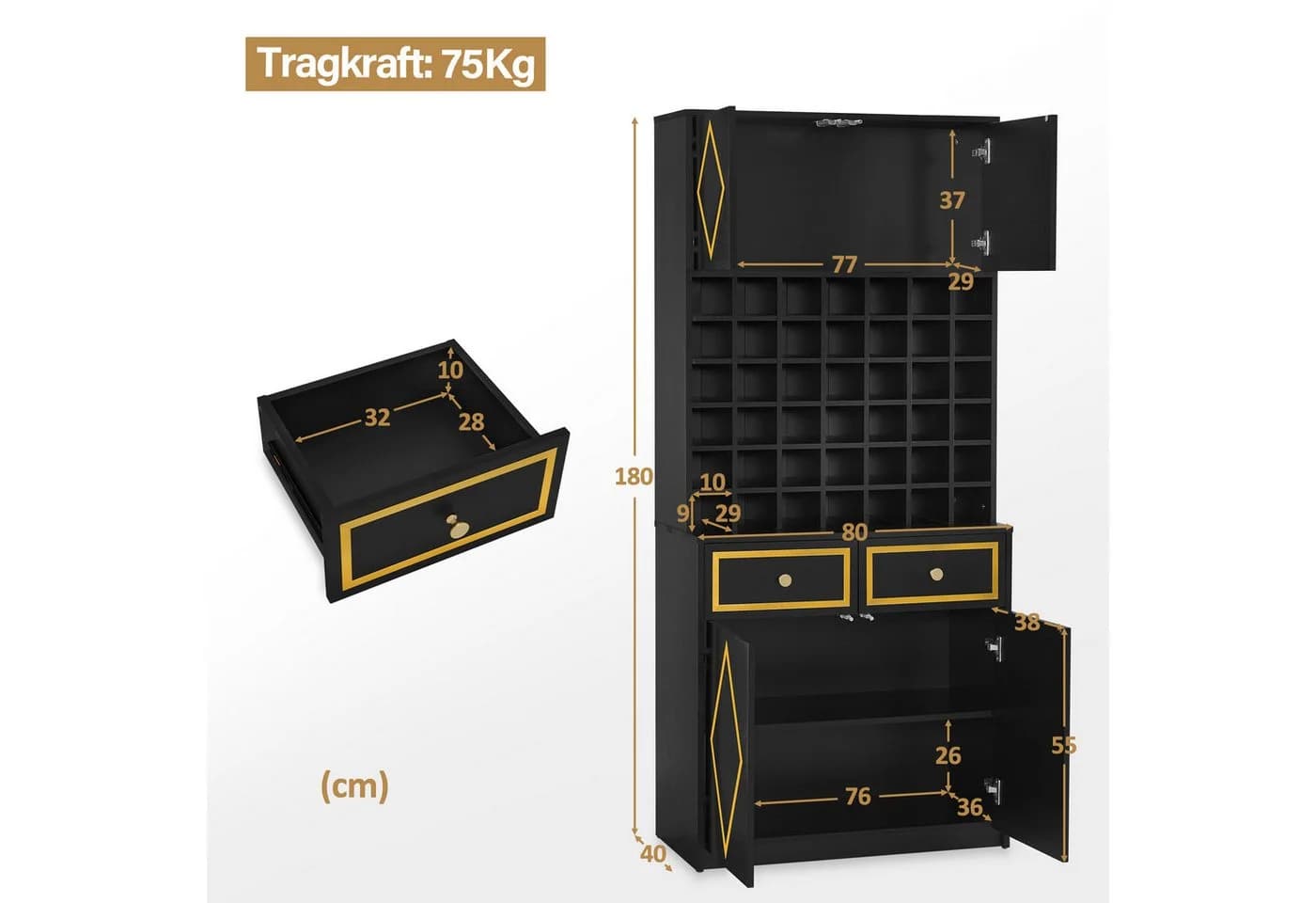 BarberPub Hochschrank Handtuchschrank Schwarz-Gold mit 42 Fächern - Bild 3