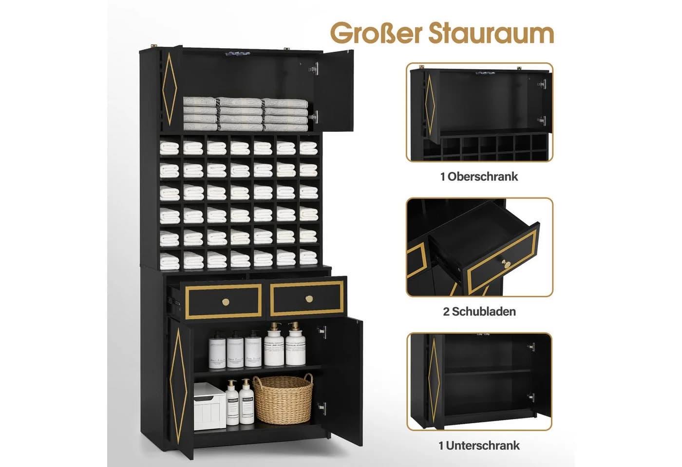 BarberPub Hochschrank Handtuchschrank Schwarz-Gold mit 42 Fächern - Bild 5