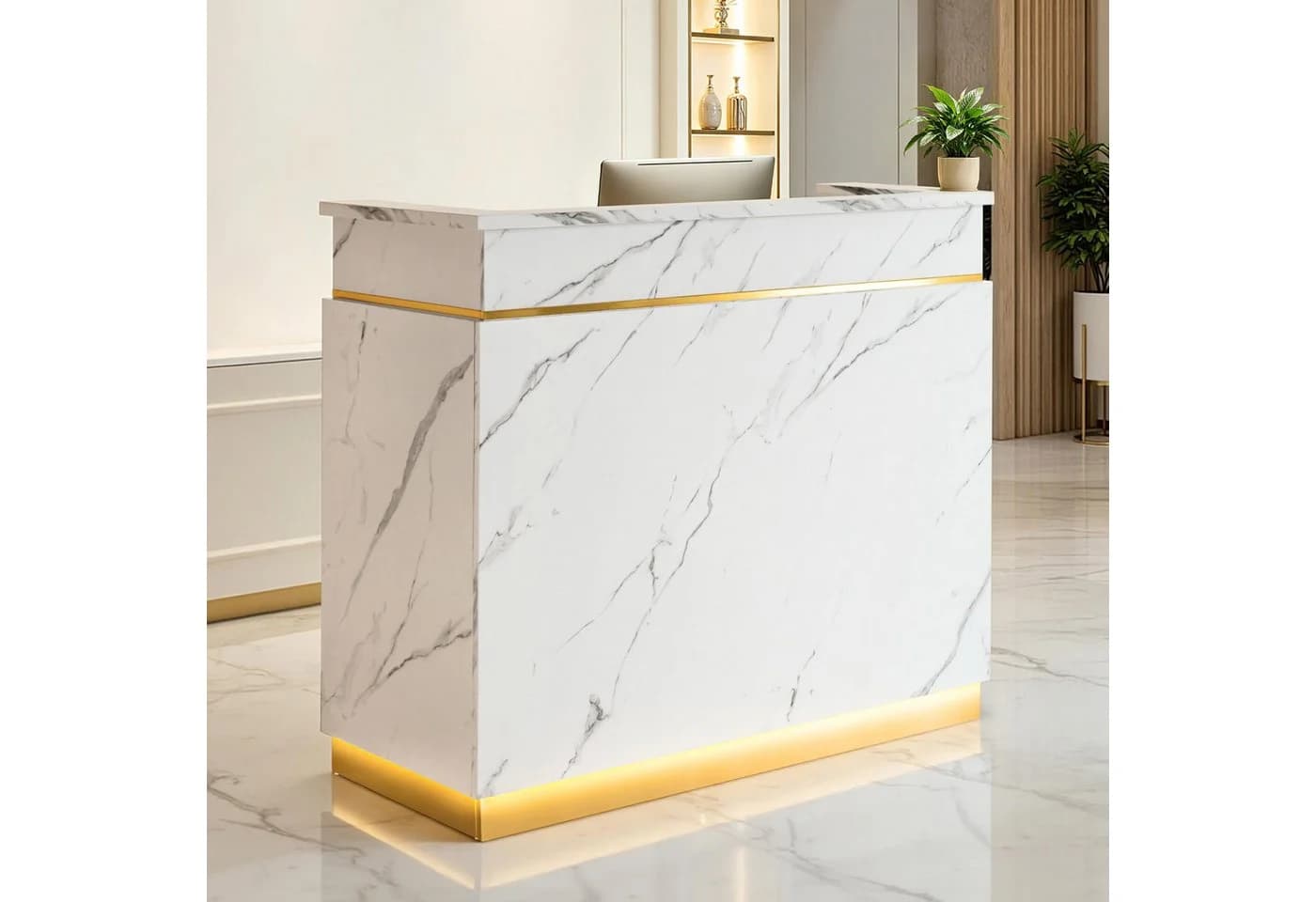 Barberpub Empfangstheke mit 3 Schubladen & Schrank, Schwarz-Gold/Weiß-Gold