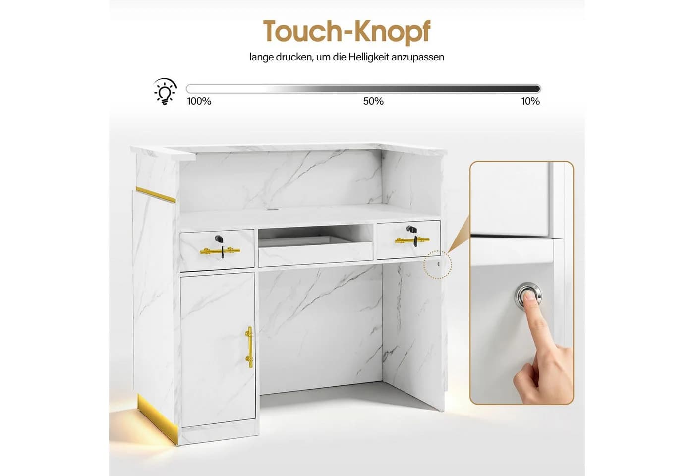 Barberpub Empfangstheke mit 3 Schubladen & Schrank, Schwarz-Gold/Weiß-Gold - Bild 5