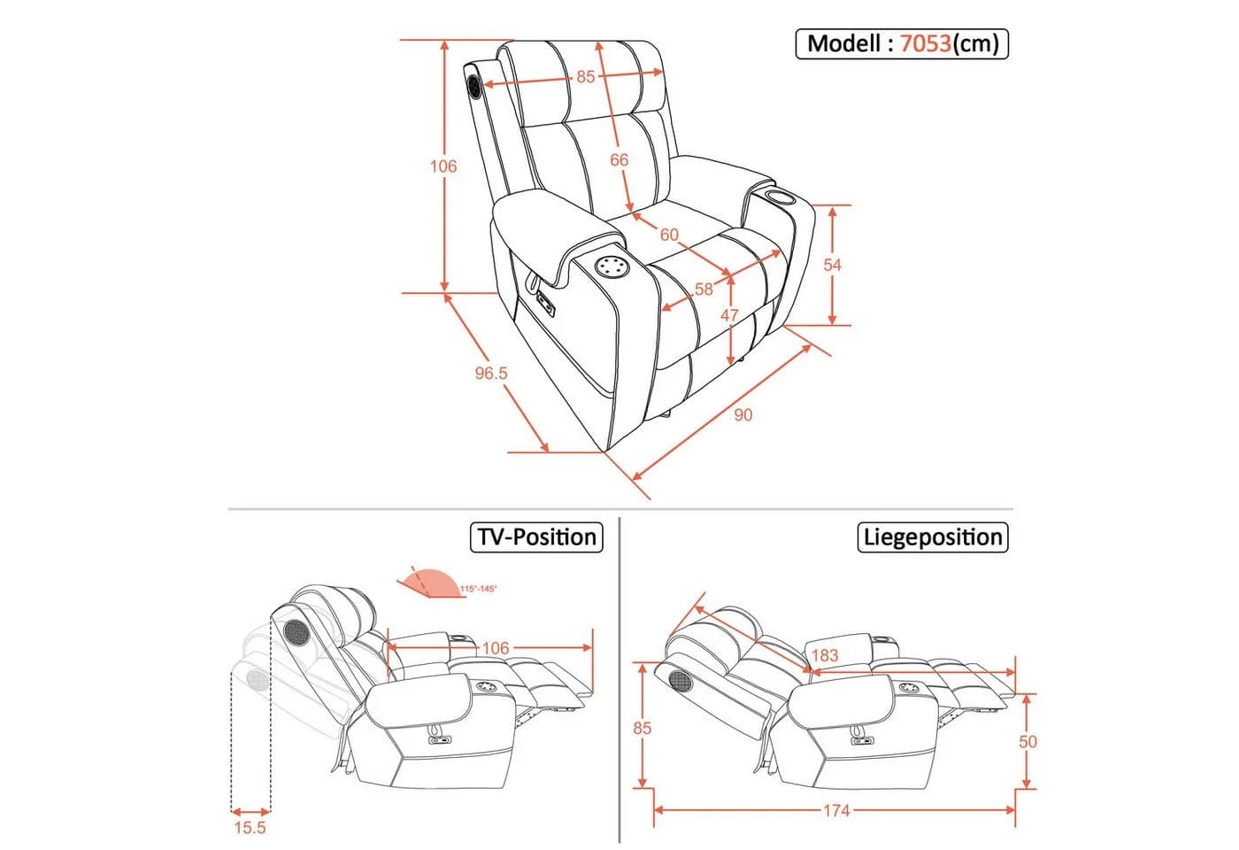 MCombo Fernsehsessel Relaxsessel mit Bluetooth & Massage