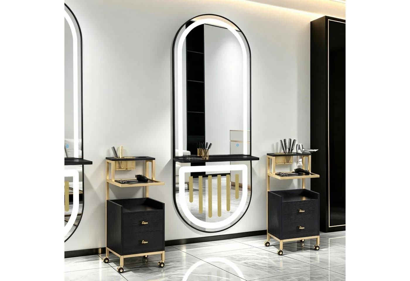 Barberpub Wandspiegel mit LED-Beleuchtung und Ablage, Schwarz/Gold