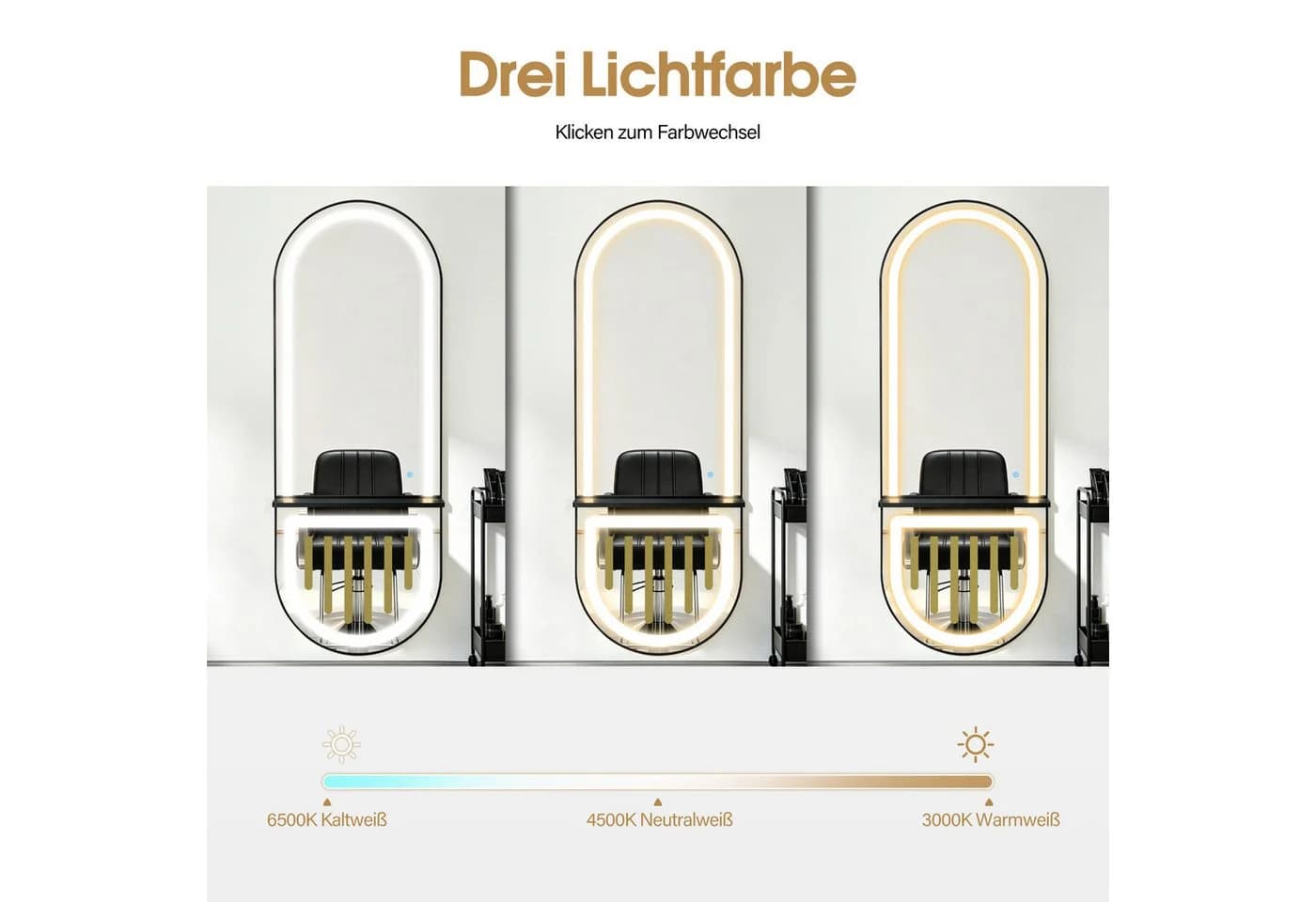 Barberpub Wandspiegel mit LED-Beleuchtung und Ablage, Schwarz/Gold - Bild 4